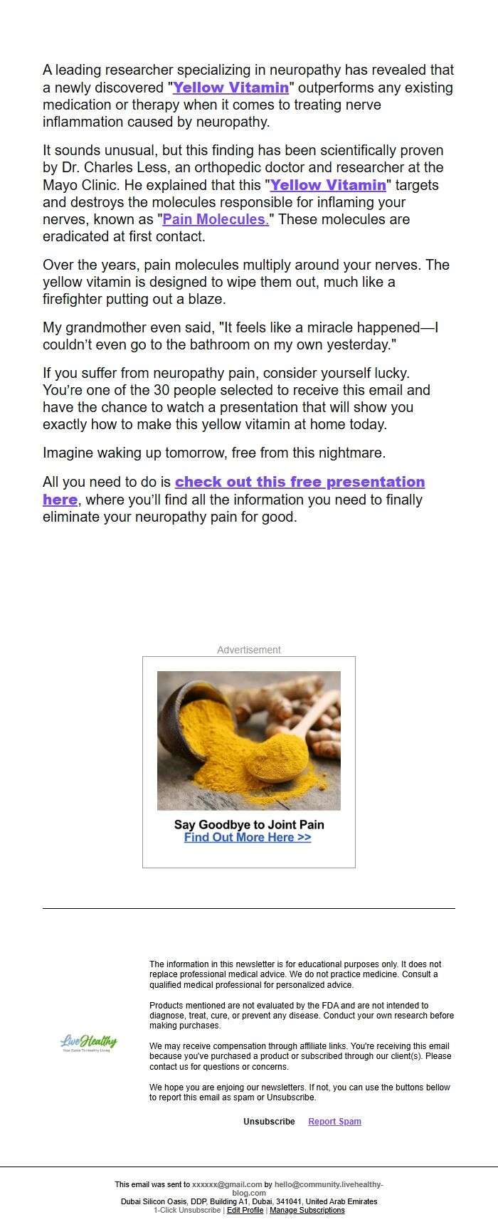 Screenshot of the email generated on import