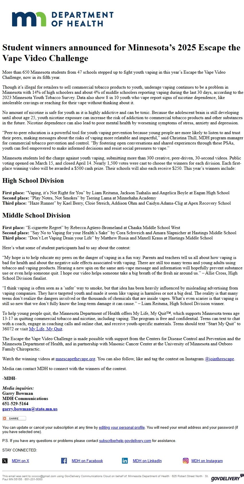 Screenshot of the email generated on import