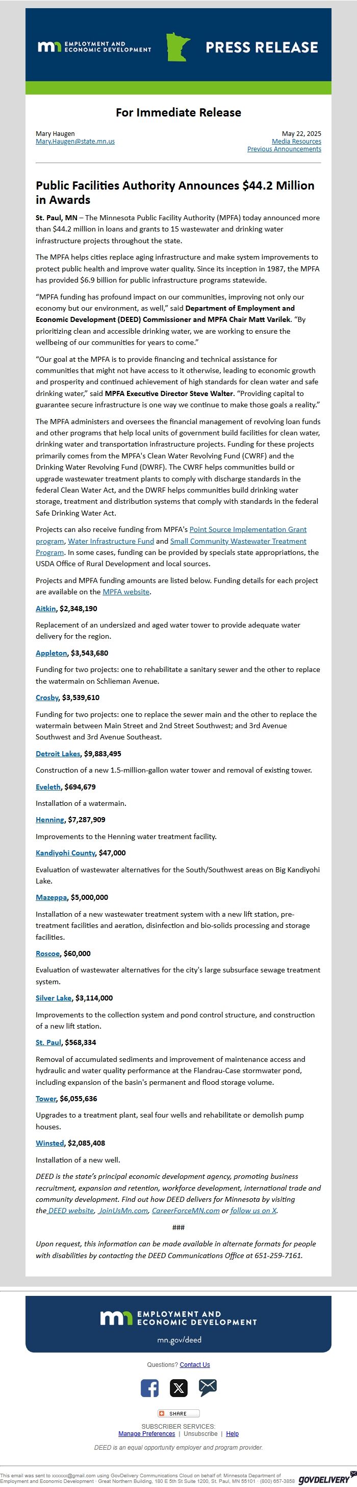 Screenshot of the email generated on import