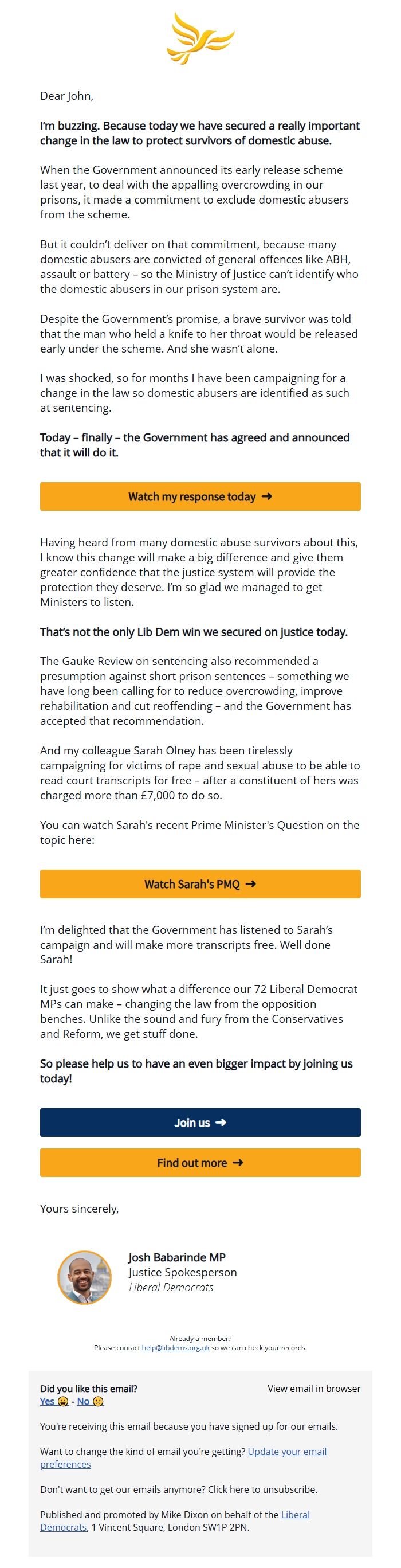 Screenshot of the email generated on import