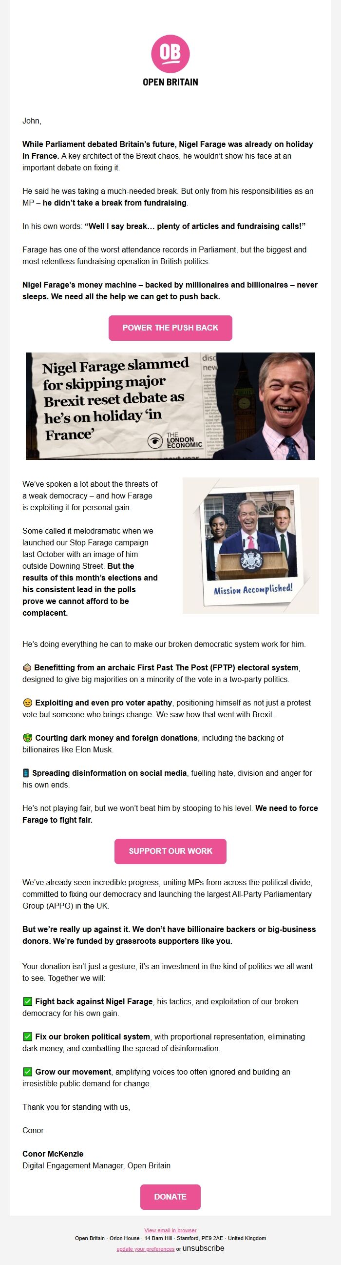 Screenshot of the email generated on import