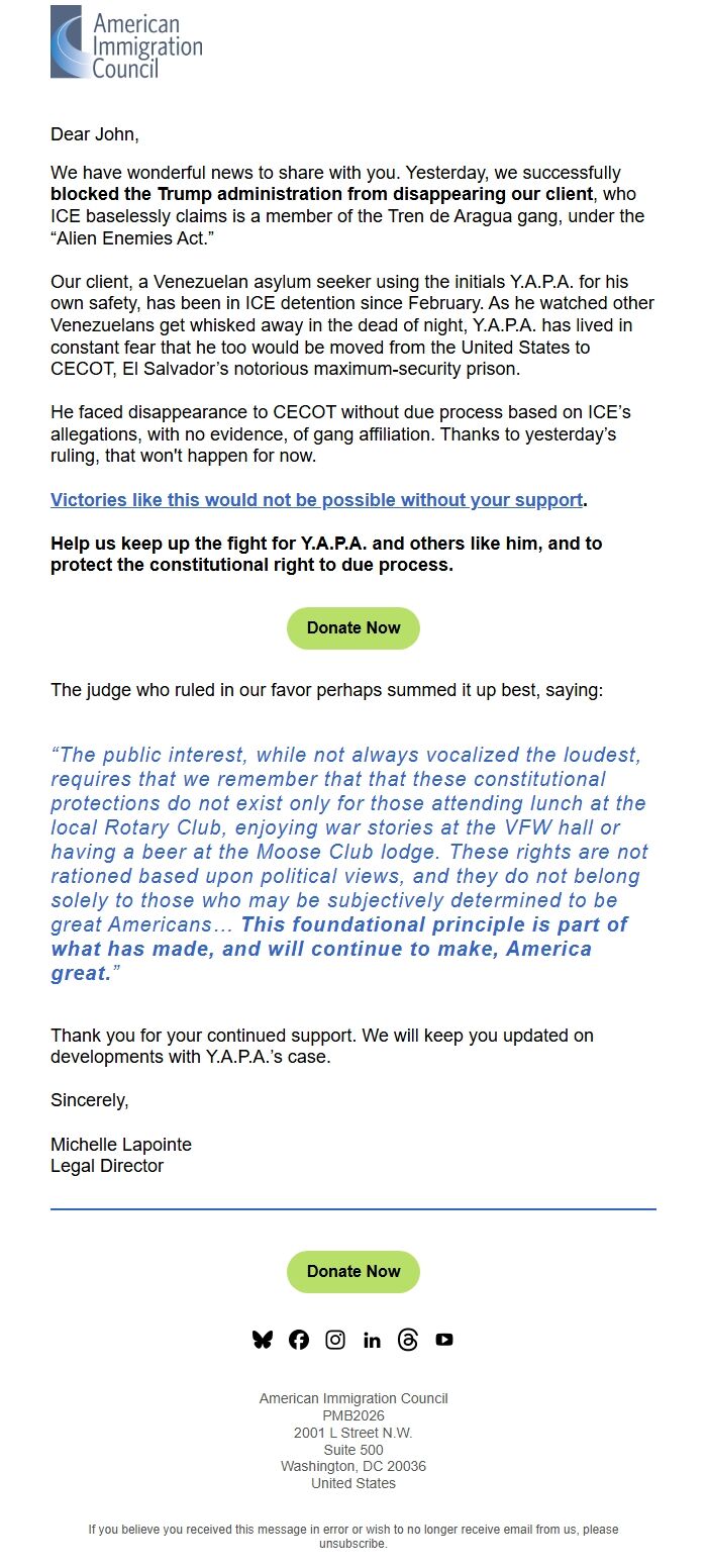 Screenshot of the email generated on import