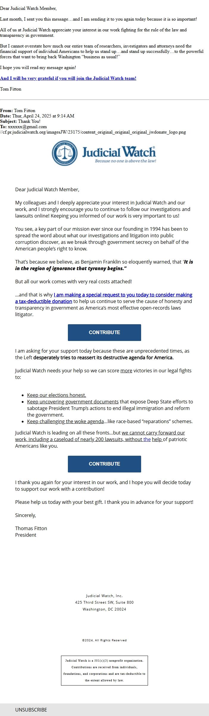 Screenshot of the email generated on import