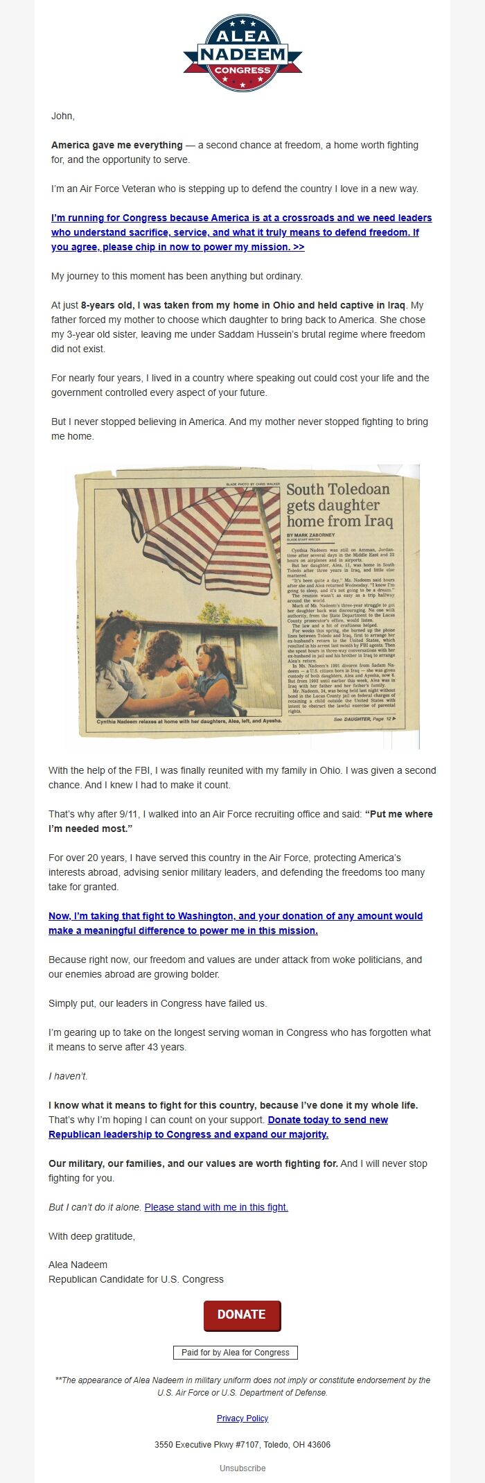 Screenshot of the email generated on import