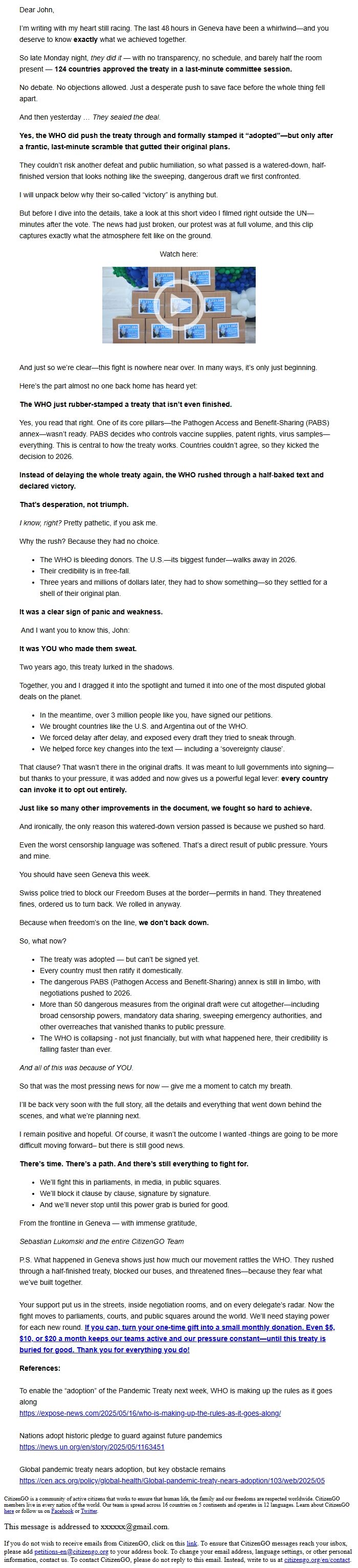 Screenshot of the email generated on import