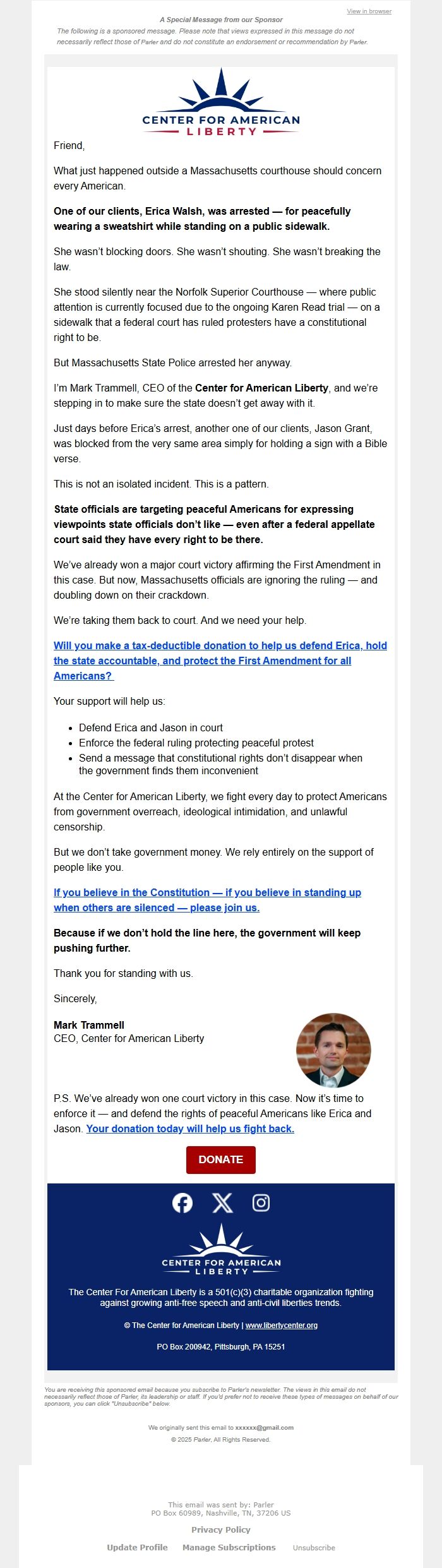 Screenshot of the email generated on import