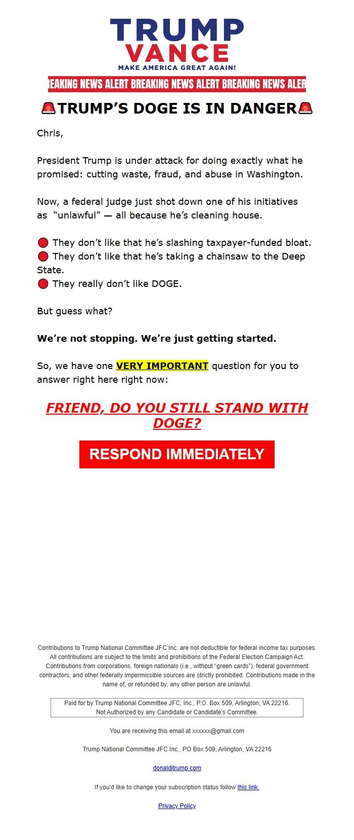 Screenshot of the email generated on import