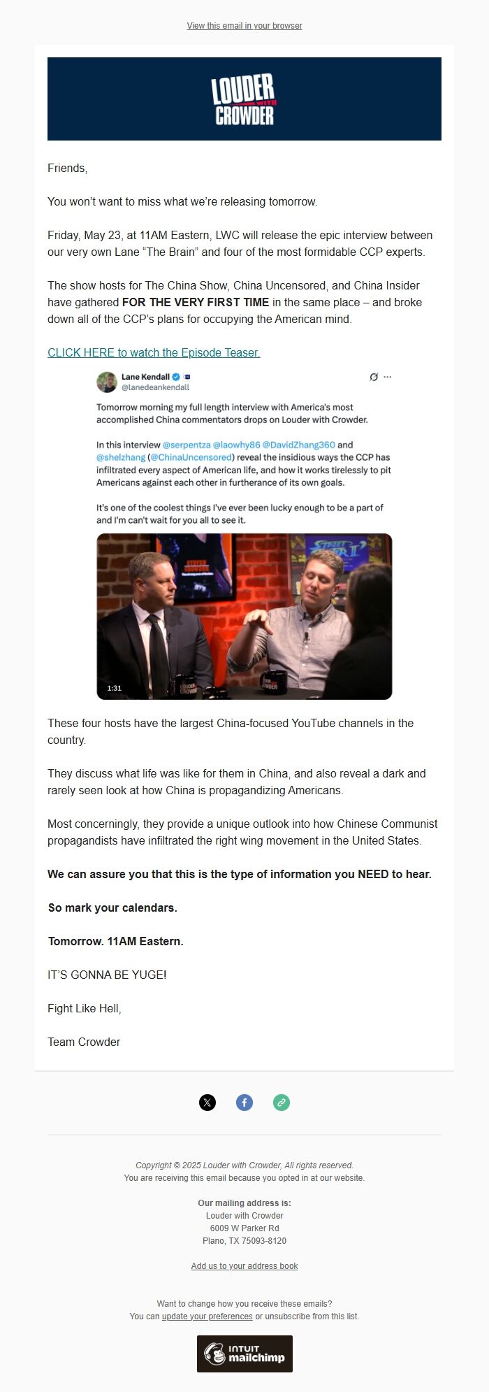 Screenshot of the email generated on import