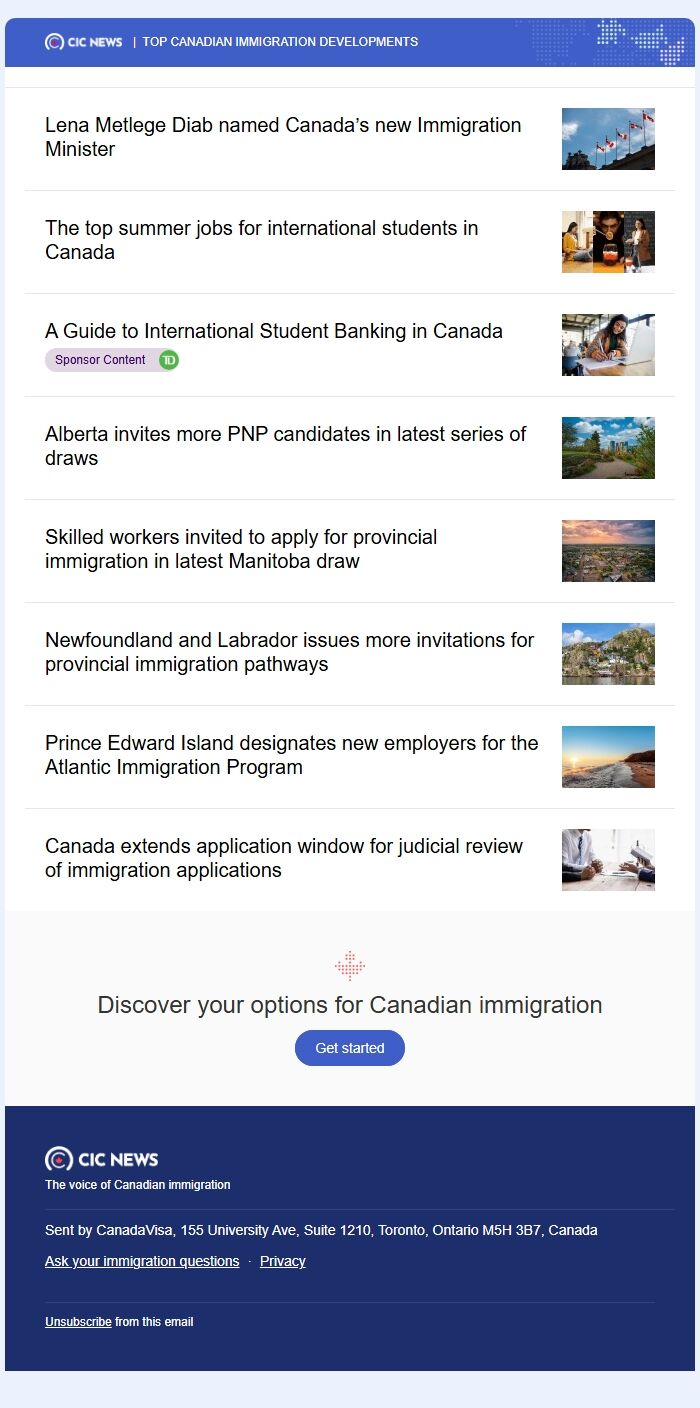 Screenshot of the email generated on import