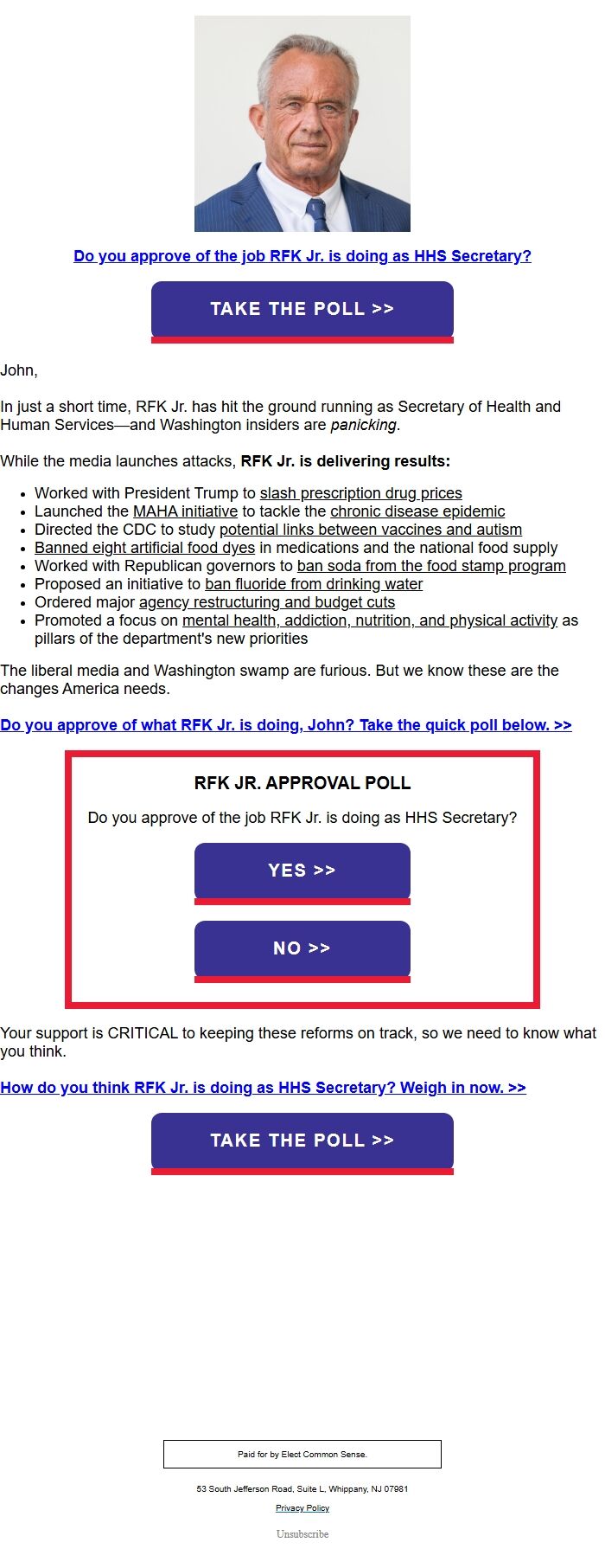 Screenshot of the email generated on import