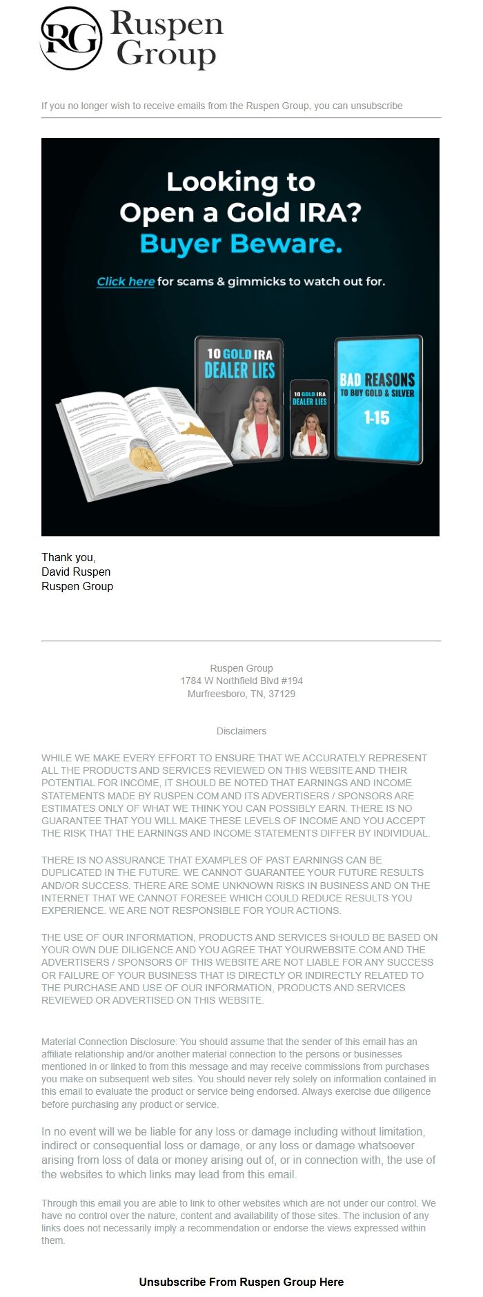 Screenshot of the email generated on import