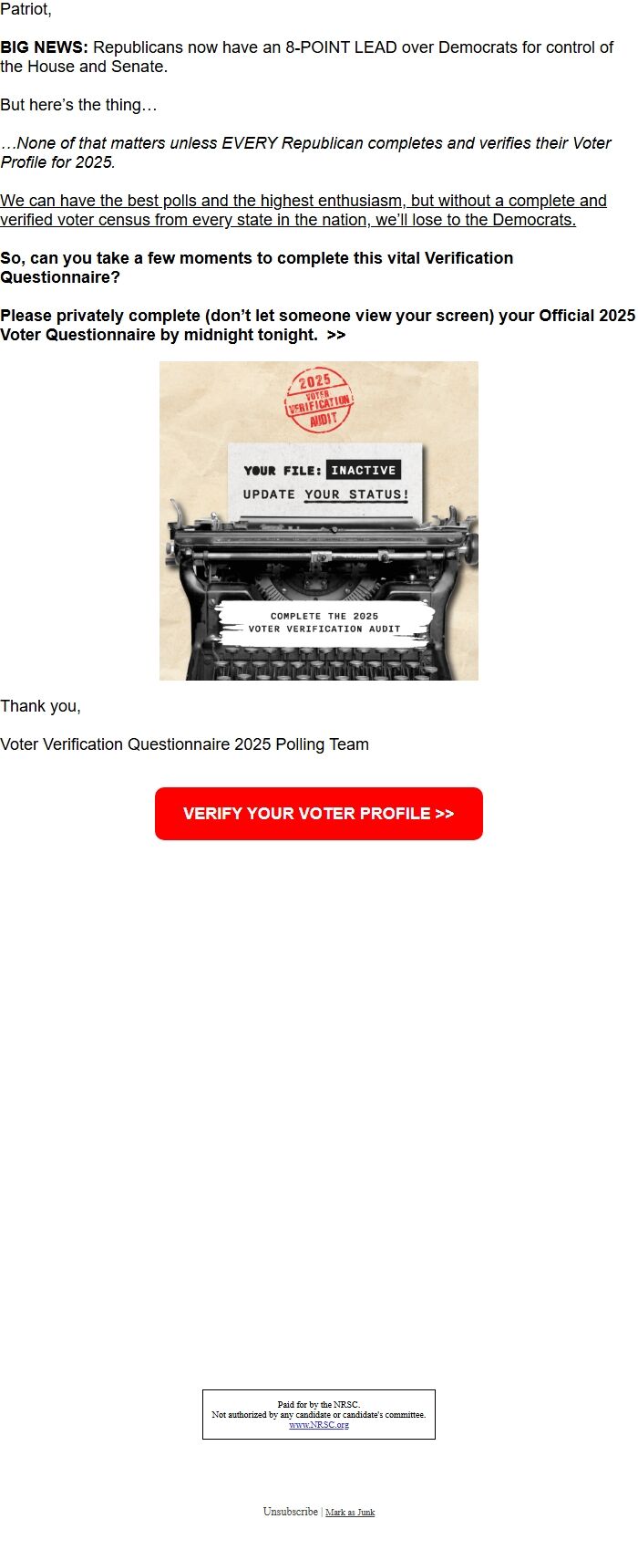 Screenshot of the email generated on import