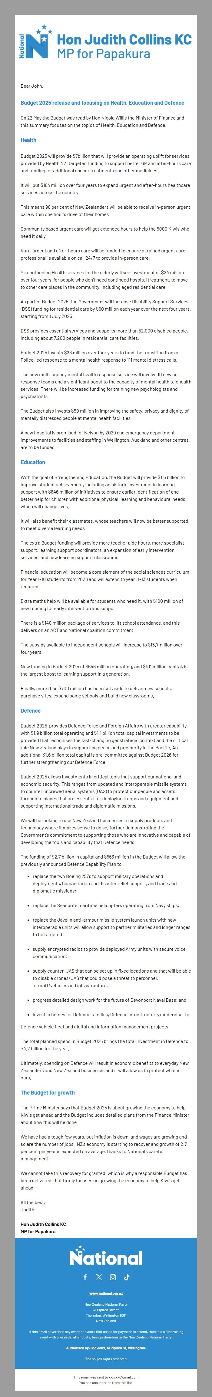 Screenshot of the email generated on import
