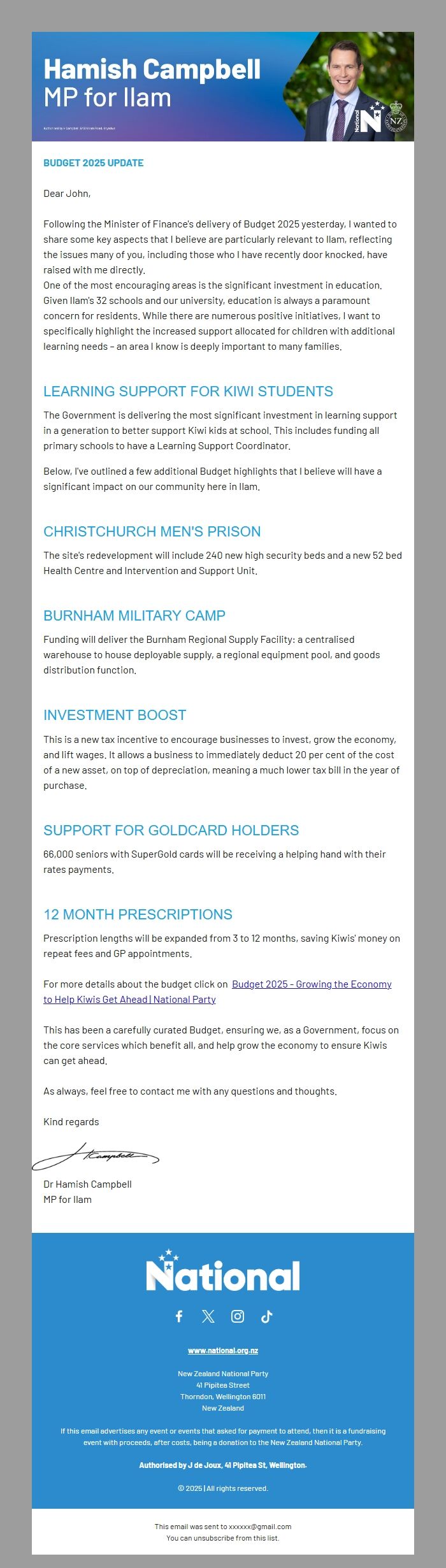 Screenshot of the email generated on import
