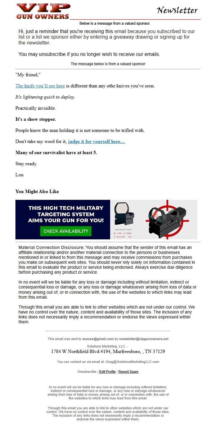 Screenshot of the email generated on import