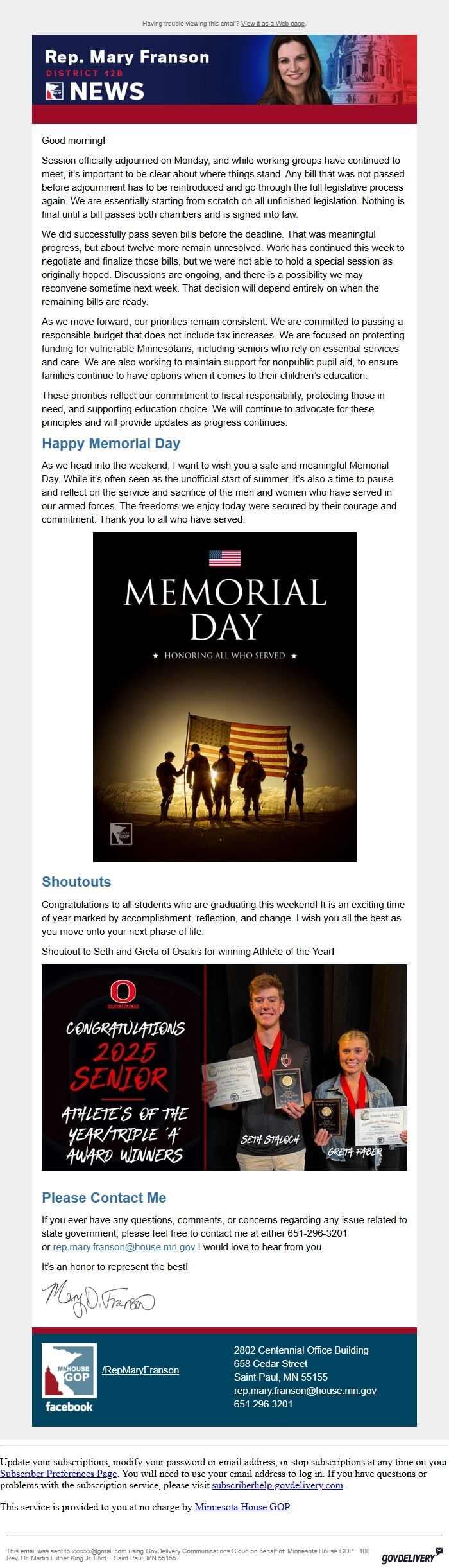 Screenshot of the email generated on import