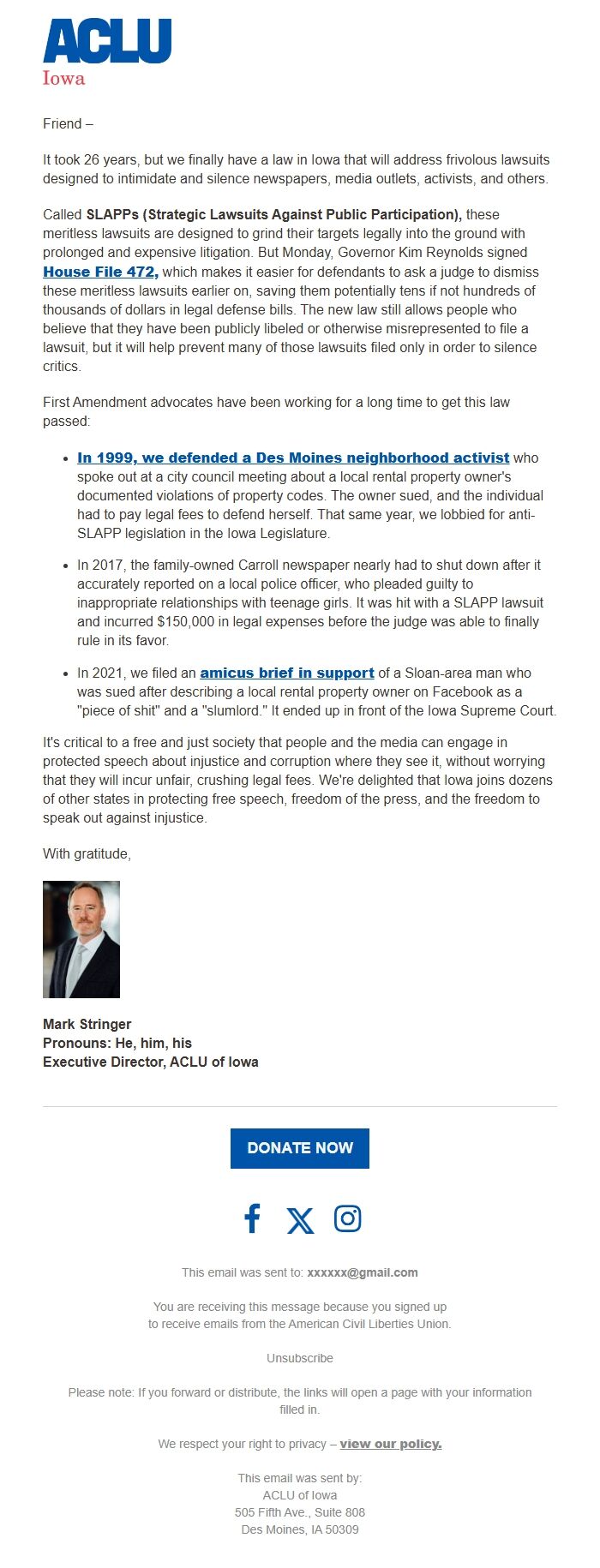 Screenshot of the email generated on import