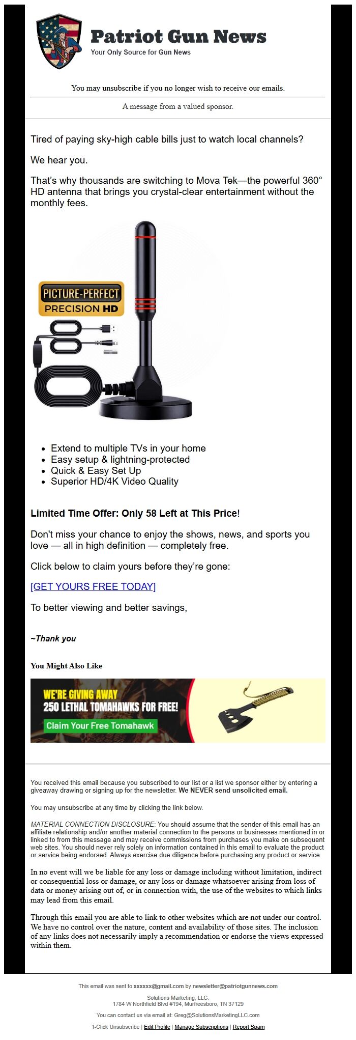 Screenshot of the email generated on import