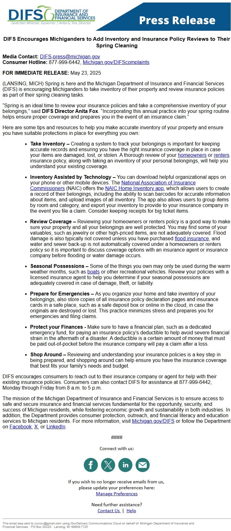 Screenshot of the email generated on import