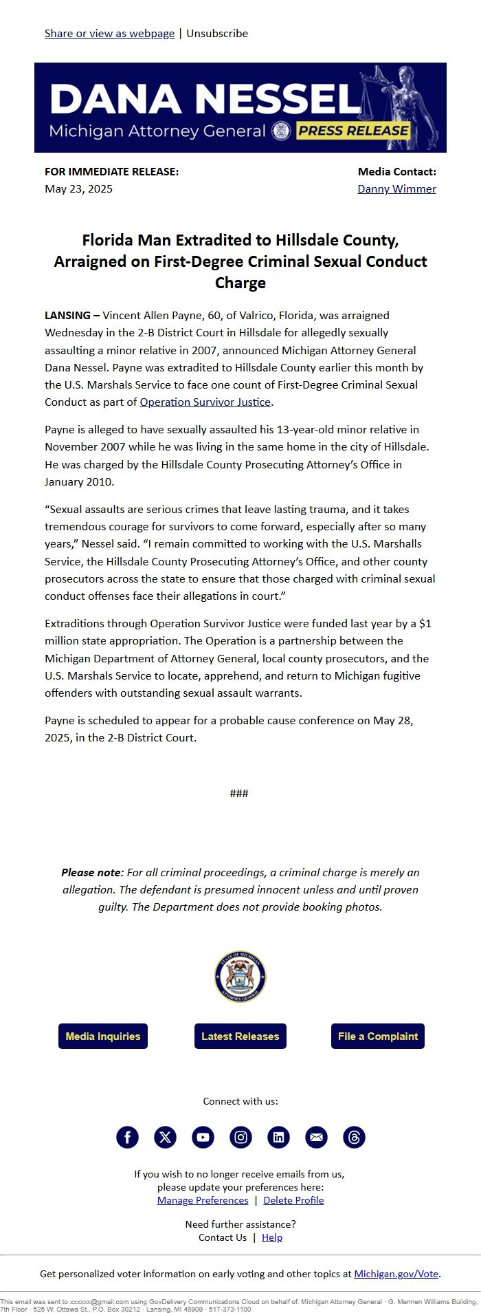 Screenshot of the email generated on import