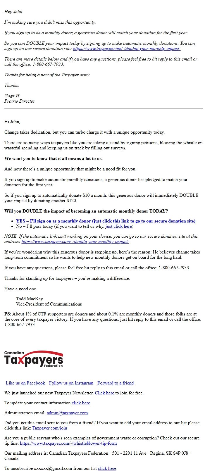 Screenshot of the email generated on import