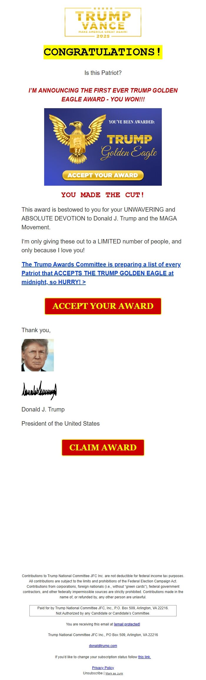 Screenshot of the email generated on import