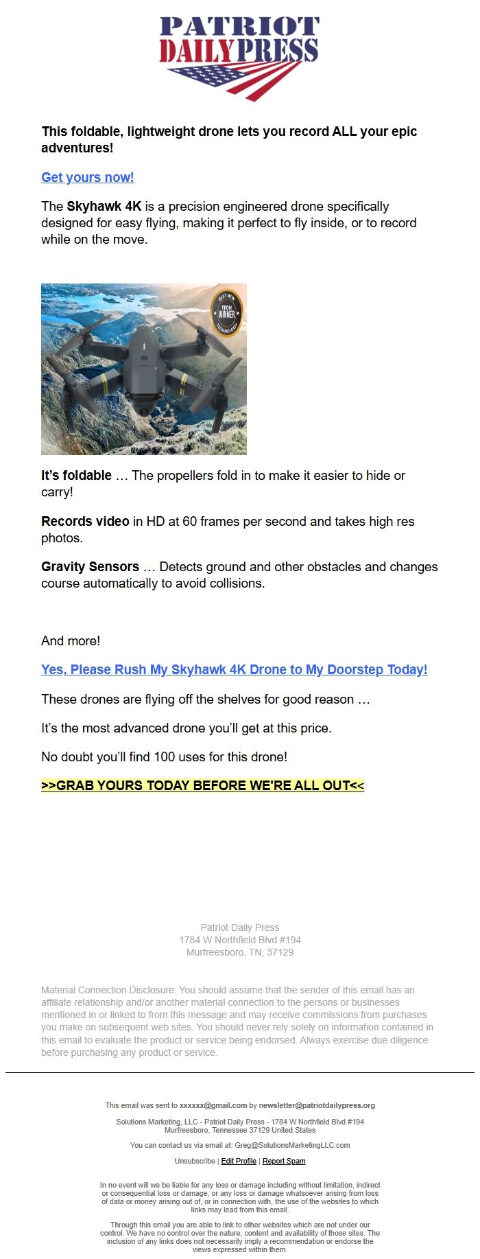 Screenshot of the email generated on import