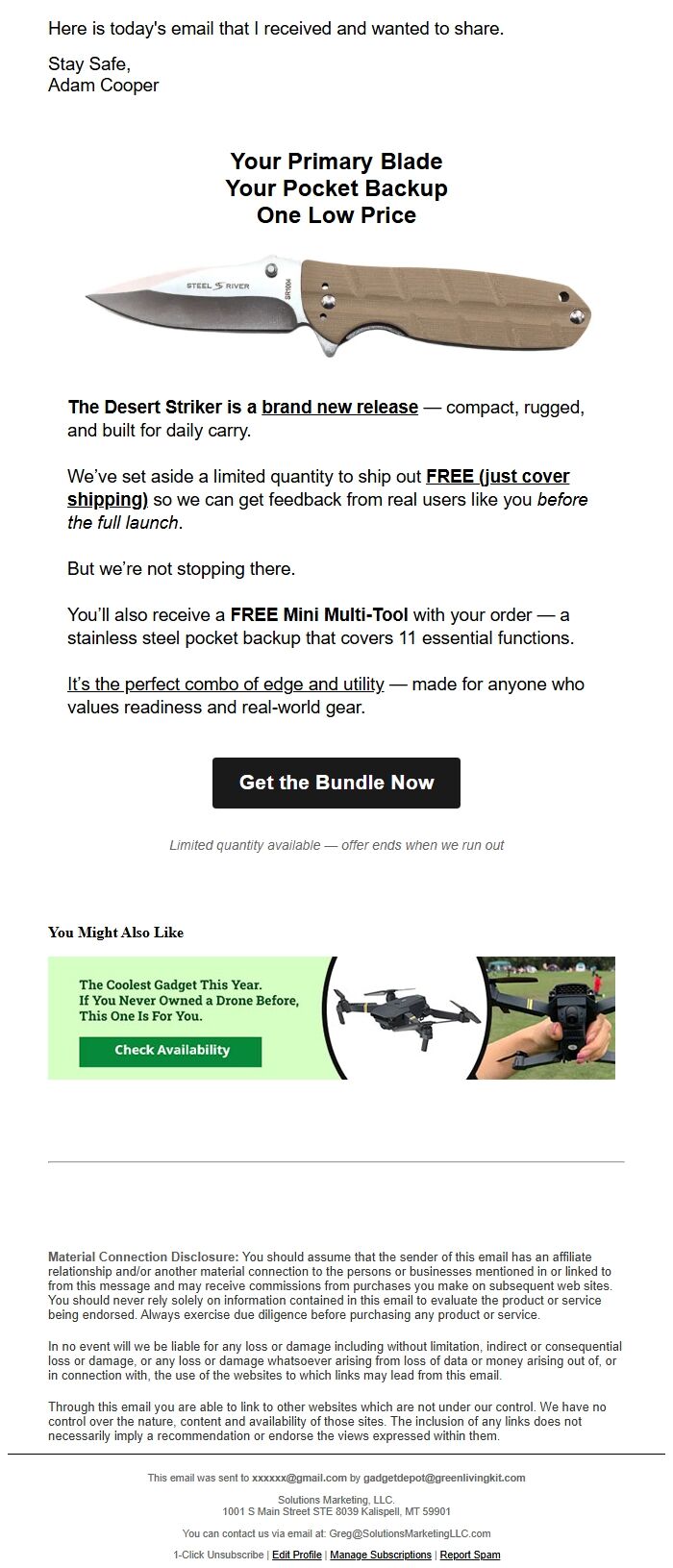 Screenshot of the email generated on import