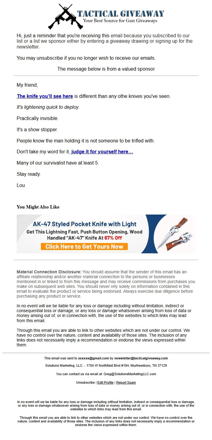 Screenshot of the email generated on import