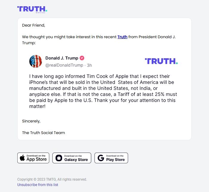 Screenshot of the email generated on import