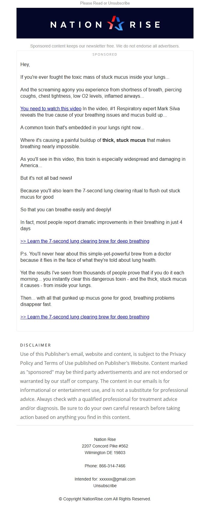 Screenshot of the email generated on import
