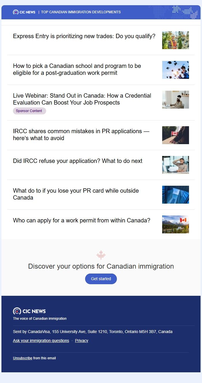 Screenshot of the email generated on import