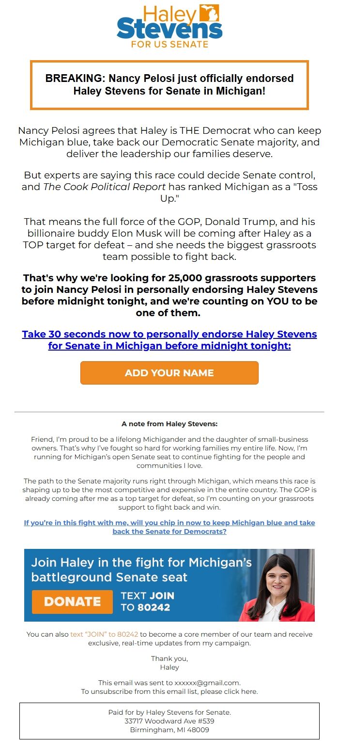 Screenshot of the email generated on import