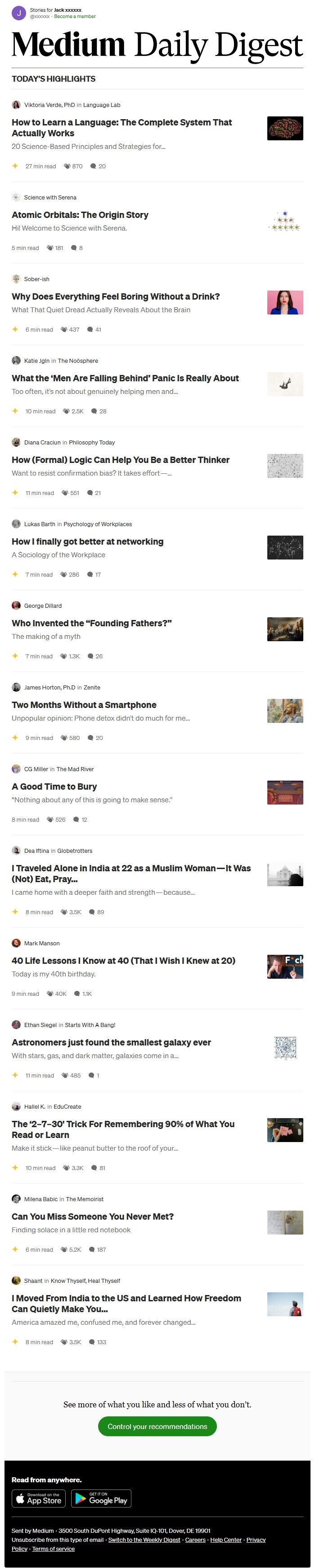 Screenshot of the email generated on import