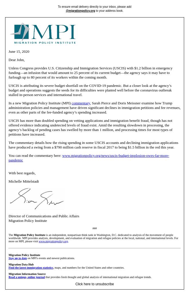 Screenshot of the email generated on import