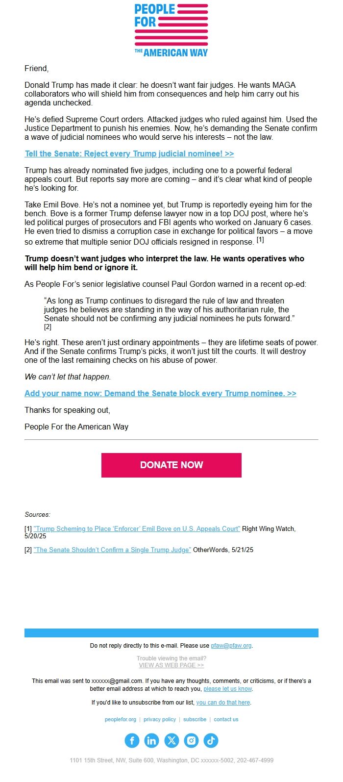 Screenshot of the email generated on import