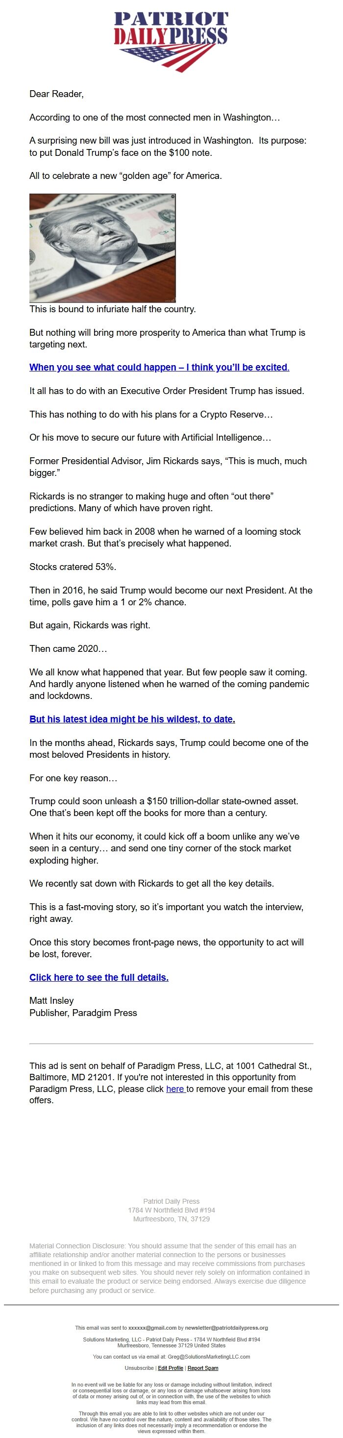 Screenshot of the email generated on import