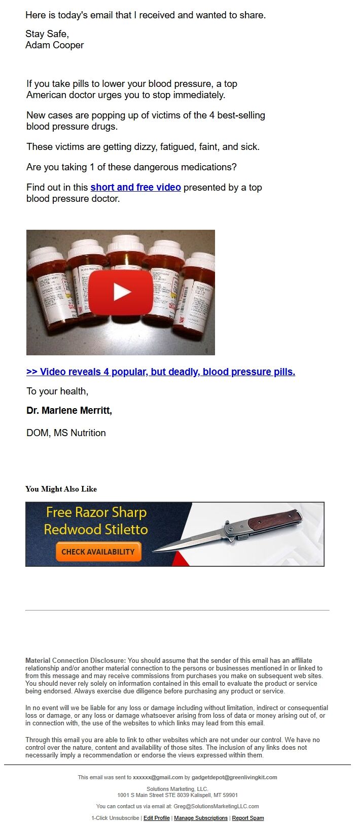 Screenshot of the email generated on import