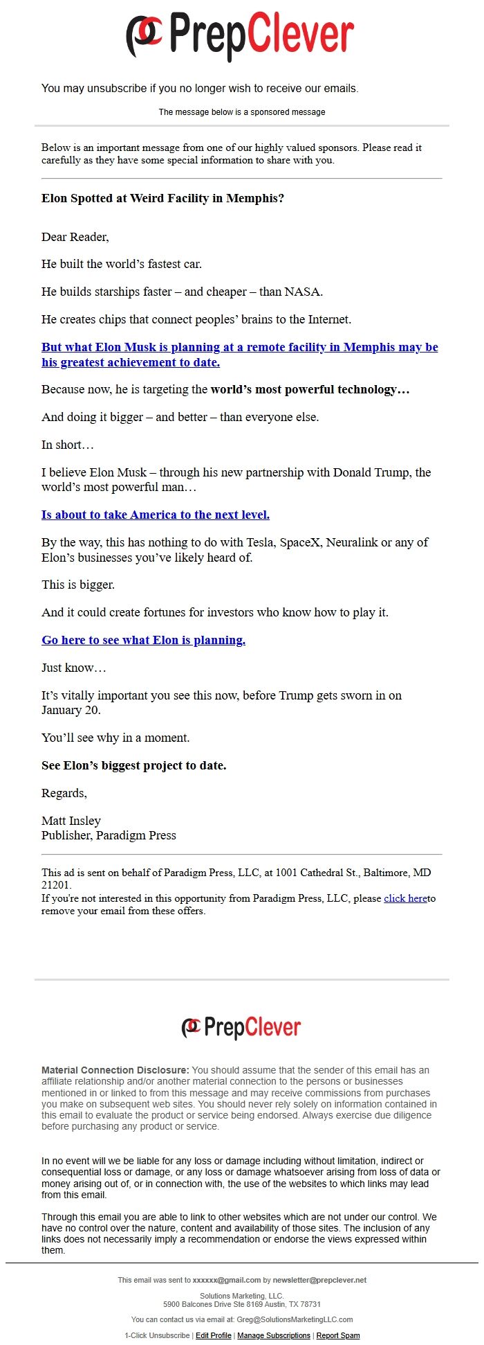 Screenshot of the email generated on import