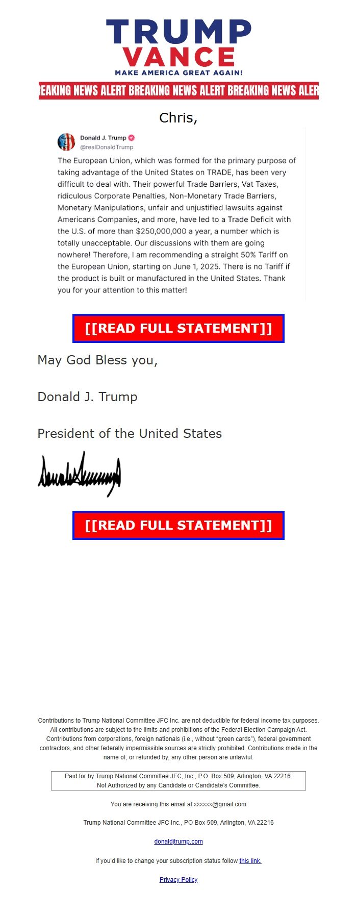 Screenshot of the email generated on import