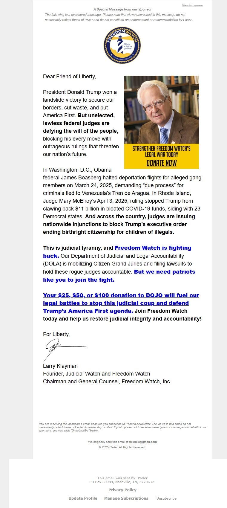 Screenshot of the email generated on import