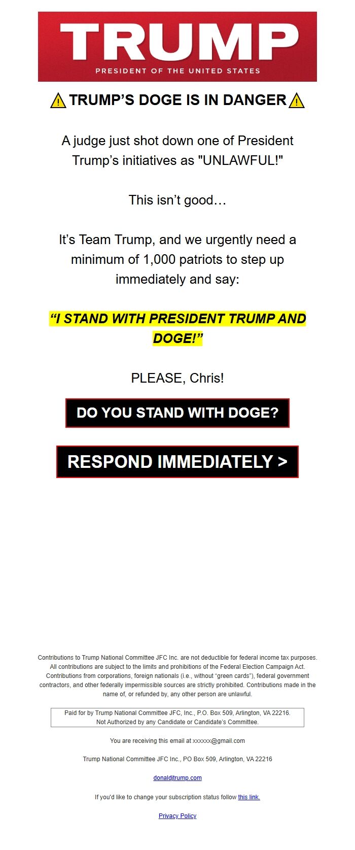 Screenshot of the email generated on import