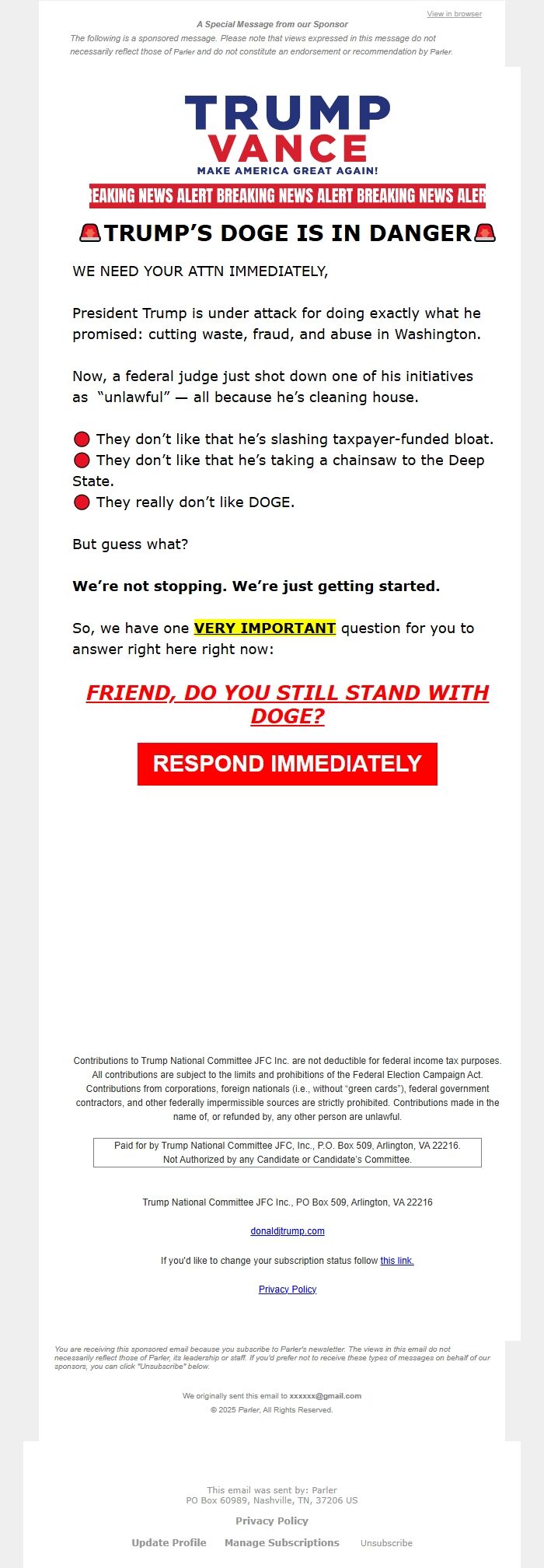 Screenshot of the email generated on import