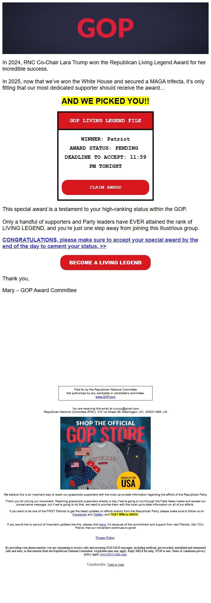 Screenshot of the email generated on import