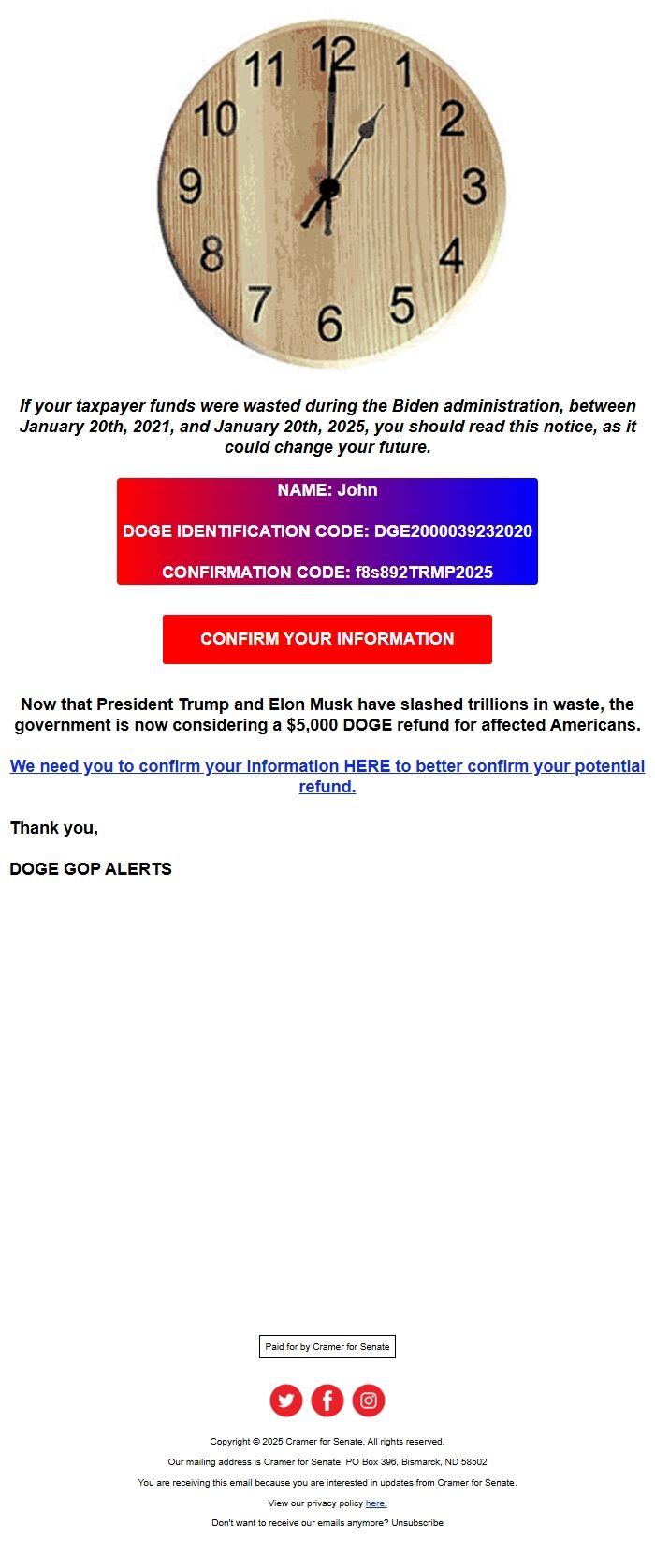 Screenshot of the email generated on import