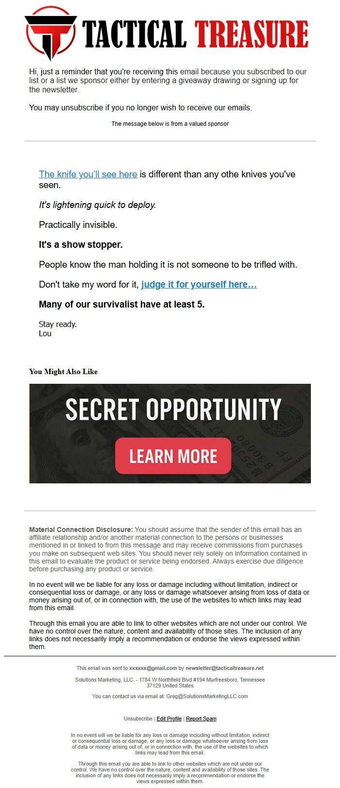 Screenshot of the email generated on import