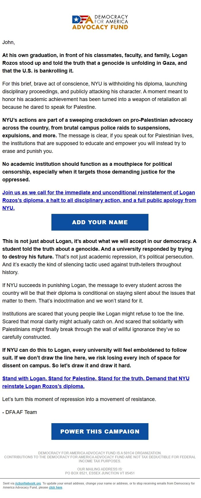 Screenshot of the email generated on import