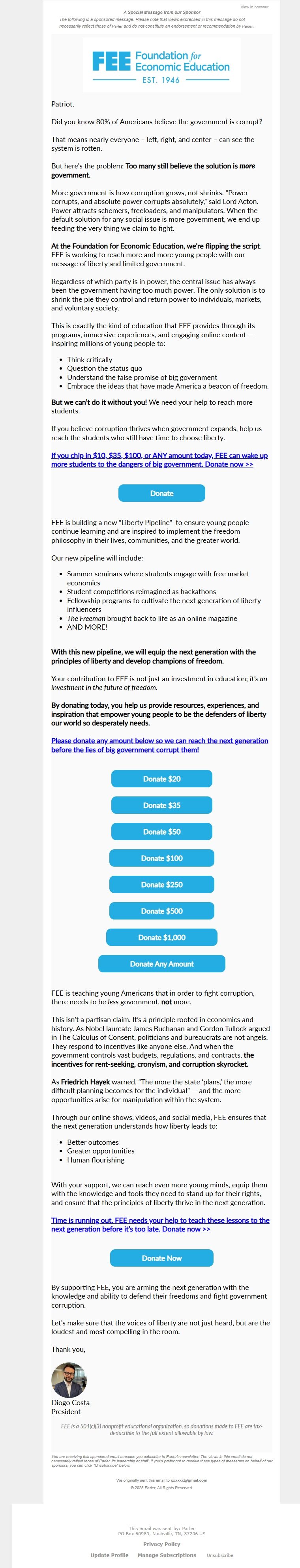 Screenshot of the email generated on import