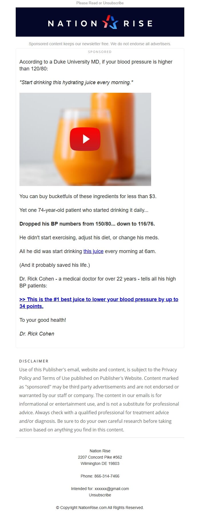 Screenshot of the email generated on import