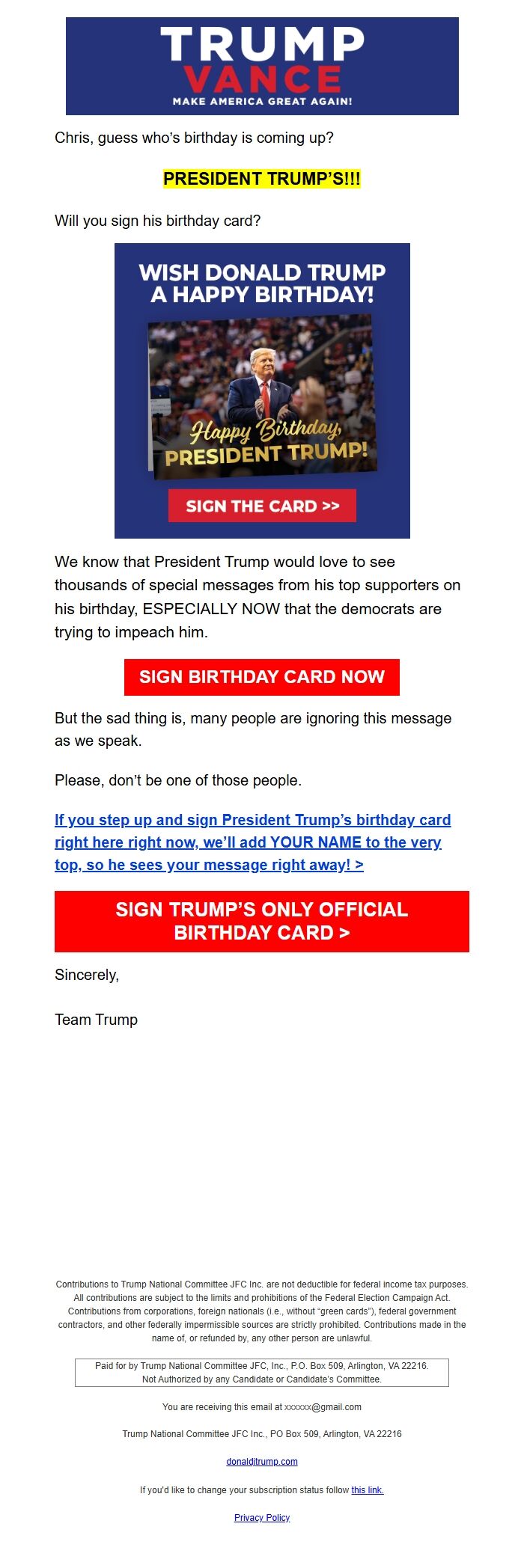 Screenshot of the email generated on import